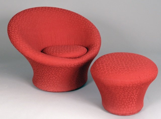 Dutch Mid Century Slipper Chair and Ottoman: Chair height 25 inches, width 32 inches, depth 20 inches; Ottoman height 14 inches, diameter 18 inches.