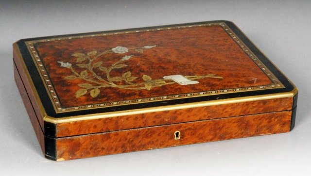 English Veneered Writing Box: Rectangular top with metal and mother of pearl inlaid decoration. Height 2 inches, width 12 inches, depth 9 1/2 inches.