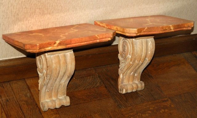 Four Faux Marble Top Wall Brackets: Neoclassical style. Each with faux rectangular marble top with outset corners, over pickled wood base. Height 12 inches, width 12 inches, depth 8 inches.