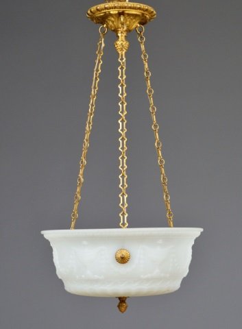 Cast Opaline Glass & Bronze Mounted Fixture: Neoclassical style with urn motif in relief. Height 28 inches, diameter 16 inches.