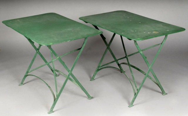 Pair of Painted Metal Outdoor Tables: Each with rectangular top with rounded corners. Folding base. Height 28 inches, width 40 inches, depth 24 inches.