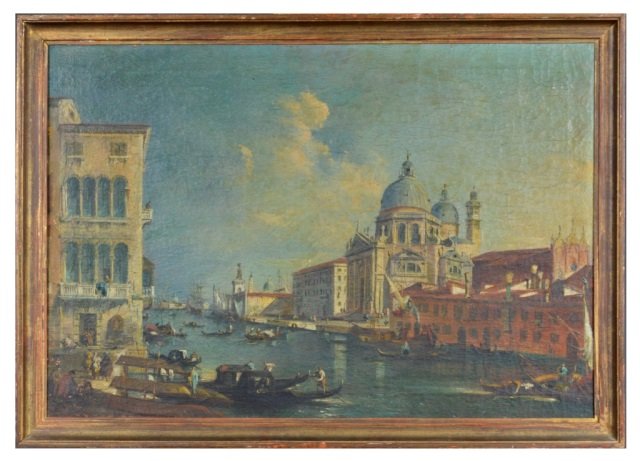 After Giacomo Guardi (Italian, 1764-1835): Untitled, Venetian Canal Scene. Oil on canvas. 201/2 x 30 inches.