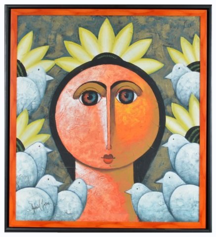 Gabriel Lopez (Dominican, 20th Century): Untitled, Young Girl and Flowers. Oil on canvas. Signed (l.l.). 37 1/2 x 33 1/4.
