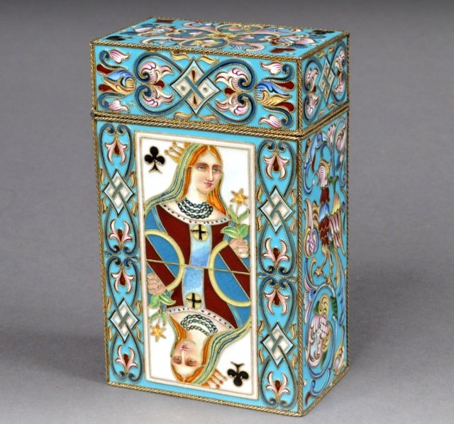Russian Sterling Silver and Enamel Card Case: Decorated with Queen of Clubs and King of Spades motif. Height 4 inches, width 2 1/2 inches, depth 1 1/2 inches.
