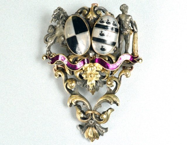Russian Silver, Gold, & Enamel Pin: Hallmarked. Height 2 1/8 inches, width 1 1/4 inches.