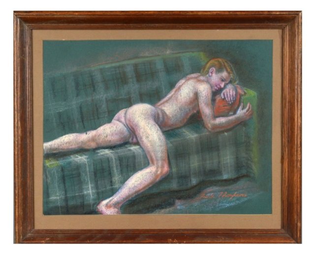 Frank Thompson (American School, 20th Century): Untitled, Reclining Male Nude. Gouache. Signed (l.r.). Sight size 13 x 18 inches.