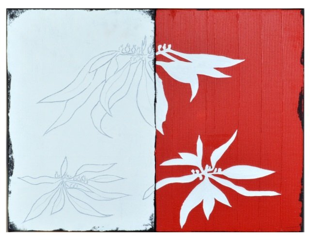 Nobu Fukui (American / Japanese, 1942): Study For Poinsettia, 1989. Oil and Acrylic on canvas mounted on board. Signed, titled, and dated on the verso. 18 x 24 inches.