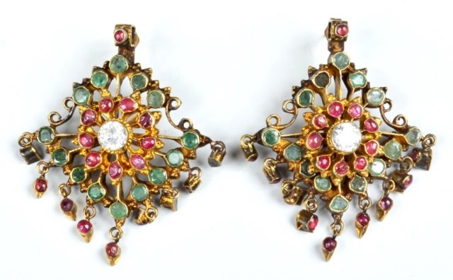 Pair of 14k Gold, Ruby, & Emerald Indian Earrings: Pierced