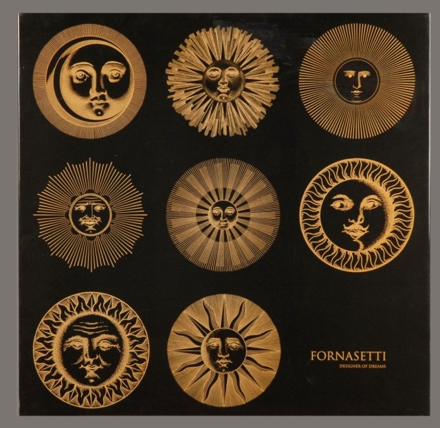 Fornasetti Lacquered Wall Hanging: Ebonized and partial gilt decoration. 27 x 27 inches.