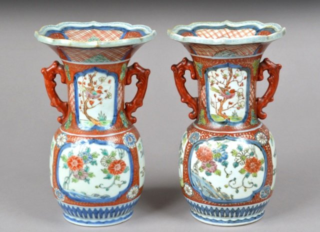 Pair of Japanese Imari Faience Vases: 19th century. Height 10 inches.