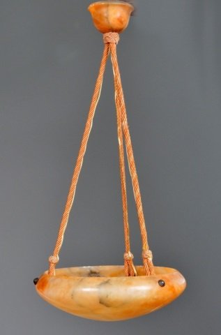 Mottled Amber Alabaster Bowl Fixture: With rope cord supports. Height 36 inches, diameter 14 inches.