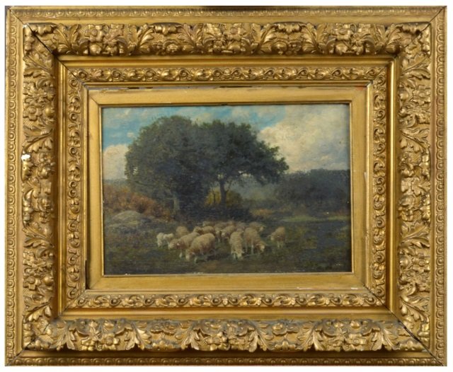 Continental School (19th Century): Untitled, Pastoral Scene with Sheep. Oil on board. 10 x 15 inches.