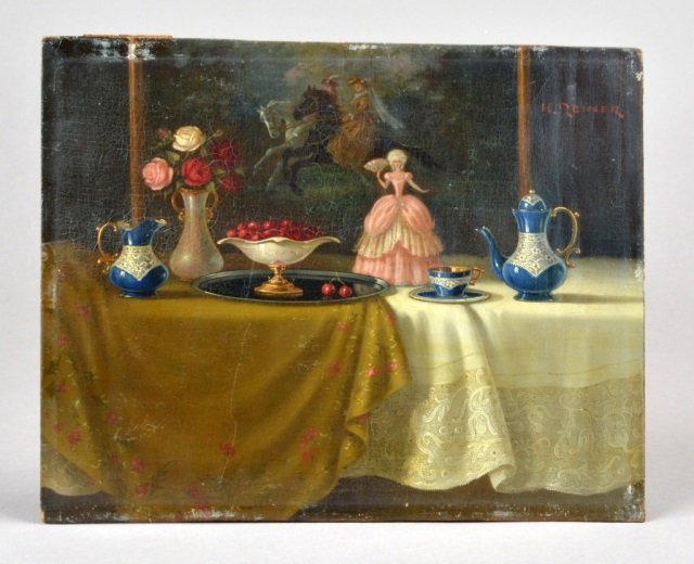 Continental School (19th Century): Untitled, Table Still Life. Oil on board. Signed (u.r.) "H. Reiner". 8 1/2 x 10 1/2 inches.