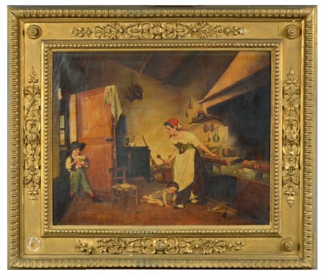 Continental School (19th Century): Untitled, Genre Scene with Mother and Two Children. Oil on canvas. Signed illegibly (l.r.). 19 x 23 inches.