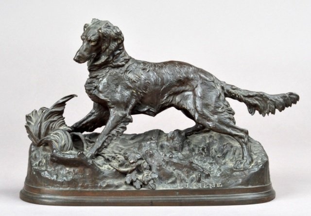 Pierre Jules Mène (French, 1810-1879): Patinated Bronze Figure of a Setter. Inscribed on base "P.J. Mene". Height 8 1/2 inches, width 11 1/2 inches, depth 5 3/4 inches.