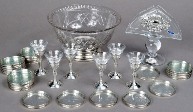 Assorted Group of Sterling Silver Mounted Articles: Including crystal coasters, punch bowl, etc.