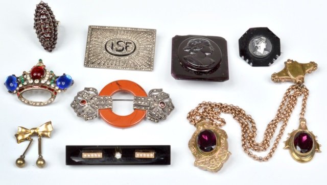 Group of Assorted Jewelry: Comprising Victorian mourning pin; marquesite; cameo; garnet ring; corona motif pin.