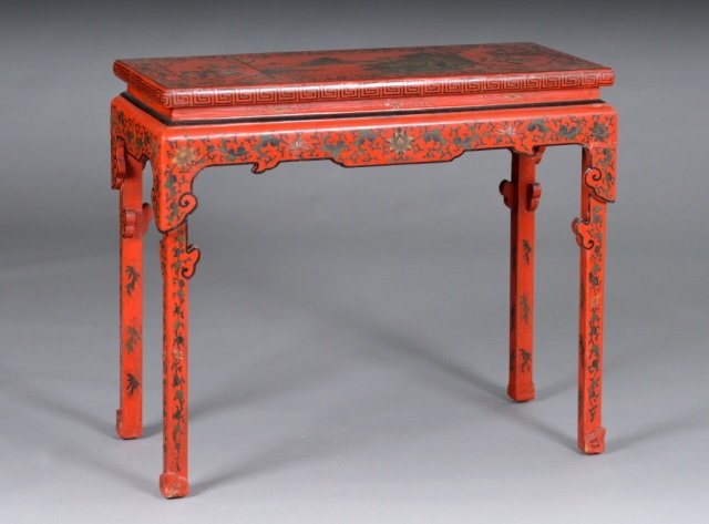 Chinese Red Lacquered Altar Table: Rectangular top with floral and landscape painted decoration. Height 32 1/2 inches, width 37 inches, depth 14 inches.