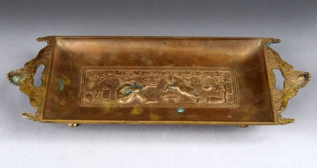 French Patinated Bronze Rectangular Form Tray: Mid / late 19th Century. Inscribed by the artist, Levllain, and the foundry, F. Barbedienne. Height 1 1/2 inches, width 14 inches, depth 5 1/2 inches.