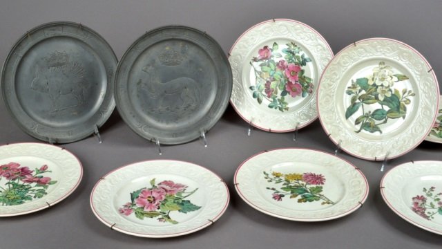 Set of Ten Spode Copeland English Plates: "Wild Rose" floral motif. Diameter 9 inches; together with two pewter plates.