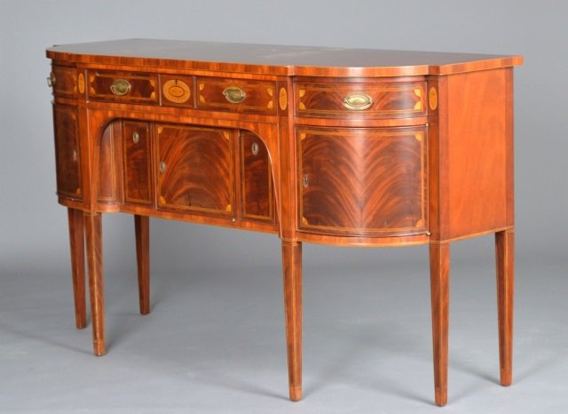 American Hepplewhite Style Mahogany Sideboard: Inlaid decoration. Height 42 inches, width 6 feet, depth 25 1/2 inches.