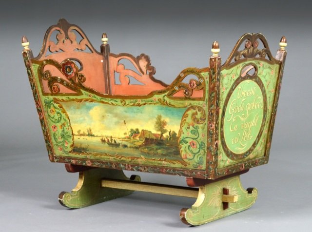 Dutch Painted Child's Cradle: 19th century. Painted floral and fishing scene decoration. Height 32 inches, width 44 inches, depth 24 inches.