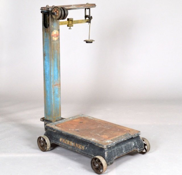 Fairbanks Freight Scale: Late 19th / early 20th century. Height 42 inches, width 22 inches, depth 34 1/2 inches.