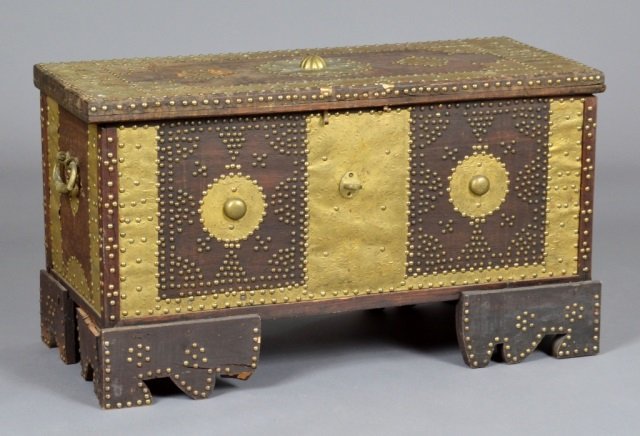 Middle Eastern Brass Mounted Chest: Height 20 1/2 inches, width 37 inches, depth 15 1/2 inches.
