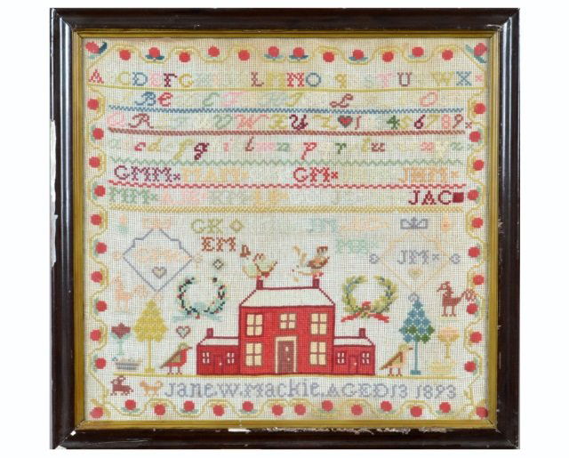 English Framed Sampler: Late 19th century. 23 1/2 x 25 inches.