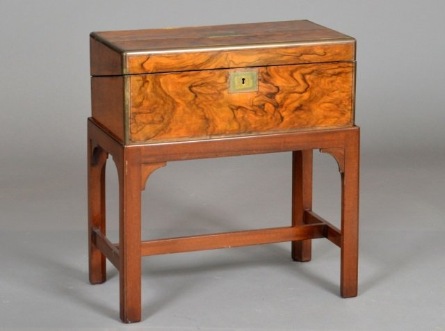 English Burl Wood Lap Desk: 19th century, raised on a later wooden base. Inlaid with a plaque, "Presented to Thomas Johnson by the clergy, superintendents, teachers, and members of the First Class of Christ Church Sunday School.