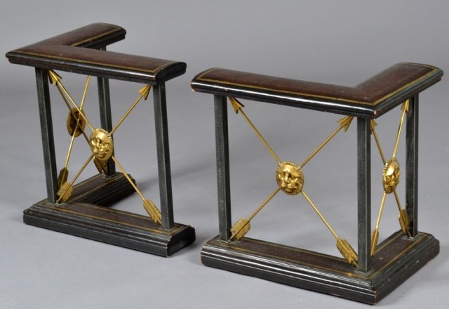 Regency Style Leather and Brass Fireplace Fender: In two parts. Each, height 20 inches, width 20 inches, depth 14 inches.