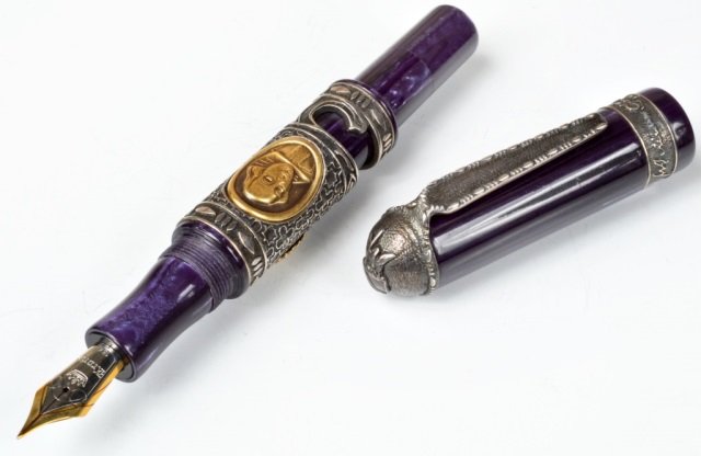 Krone Shakespeare Sterling Silver Fountain Pen: Purple celluloid, sterling silver, 18K gold-plated portrait of Shakespeare. Pen embedded with fragment of Shakespeare's mulberry tree from Stratford-Upon-Avon. Fine 18K two-tone gold. Limited edition