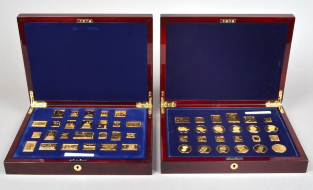 Two Collections of Gold Plated Silver Stamps: "The American Presidents" collection & "United We Stand" collection. Each in fitted display case.