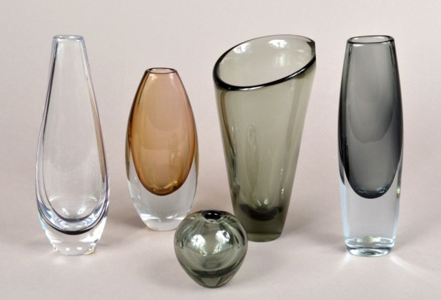 Group of Five Scandinavian Art Glass Vases: Two, Danish (Holmelgaard, C. 1950); three Swedish vases signed on bottom. Tallest 11 inches.