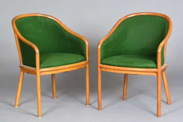 Set of Five Mid Century Tub Chairs: Made by Brickel Associates, designed by Ward Bennett. Each with green fabric upholstery. Height 32 1/2 inches, width 23 inches, depth 23 inches.
