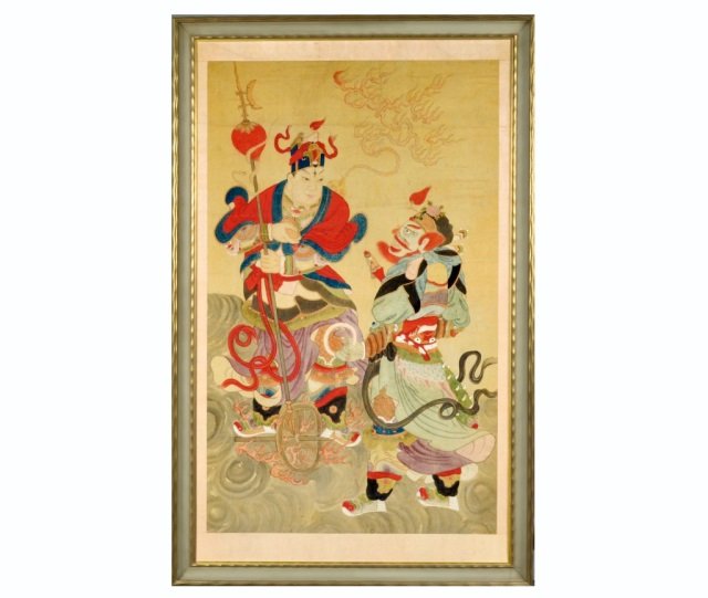 Framed Chinese Screen: 19th century. Polychromed decoration depicting two deities, gilt wood frame. 45 x 27 1/2 inches.