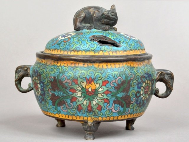 Cloisonne Incense Burner: 20th century, Qing dynasty. Xuande period. Height 8 inches, diameter 6 inches.