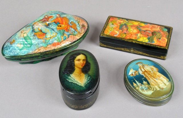 Group of Four Russian Papier Mache Decorated Boxes