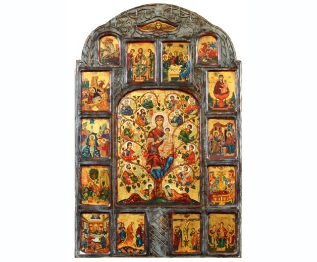 Byzantine Style Parcel Gilt Icon: 20th century. Egg tempera on canvas laid on wood. 42 x 27 inches.