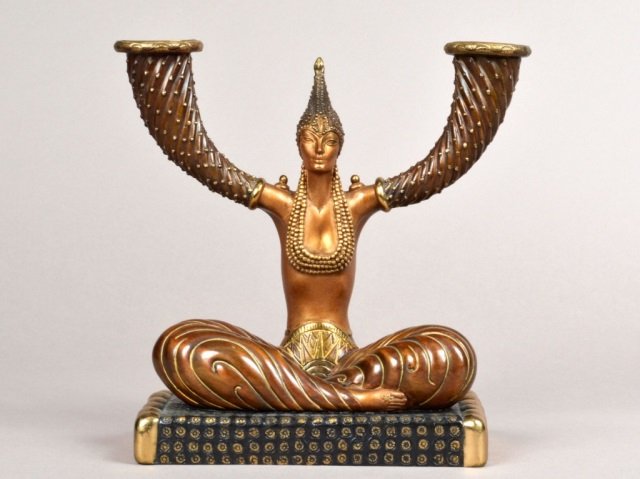 Romain 'Erte' de Tirtoff Bronze Two Arm Candelabra: Patinated and gilded bronze. Height 10 inches, width 10 inches, depth 4 1/2 inches.