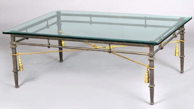 Glass Top & Metal Coffee Table: Rectangular beveled glass top, patinated metal base with rope motif. Height 18 inches, width 48 inches