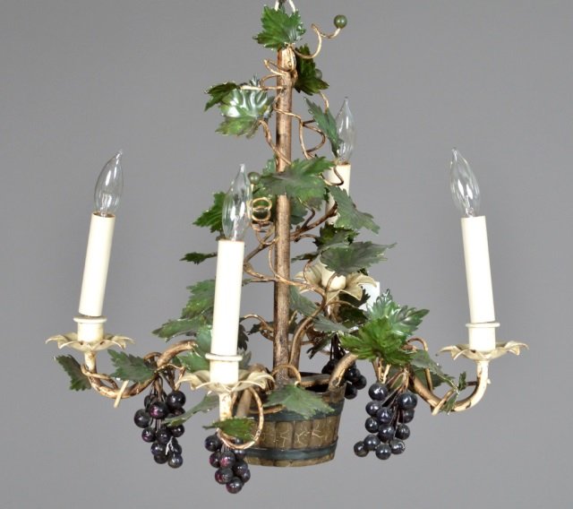 Painted Tole & Iron Four Arm Chandelier: Grape and barrel motif. Height 18 inches, diameter 18 inches.