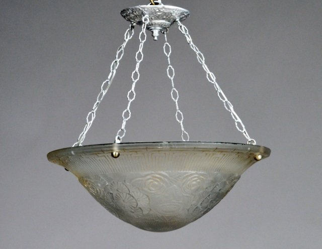 Art Deco Style Fixture: With floral motif in relief. Height 18 inches, diameter 18 inches.