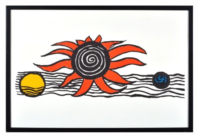 Alexander Calder (American, 1898-1976): Le Terre, le soleil et la lune, Abstract. Lithograph, signed (l.r.), numbered 91/175 (l.l.). Sight size 22 1/2 x 33 1/2 inches.