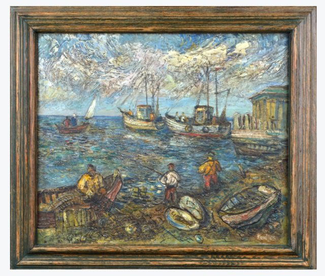 David Davidovich Burliuk (Russian, 1882-1967) *: Fishing Boats. Oil on board. Signed (l.r.), titled on the verso. 21 3/4 x 26 inches.
