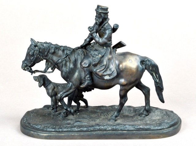 Vassili Yacovlevitch Grachev (Russian, 1831-1905)*: Russian Bronze Figure of a Man on Horse with Dog. Height 7 1/2 inches, width 9 inches, depth 3 1/2 inches.