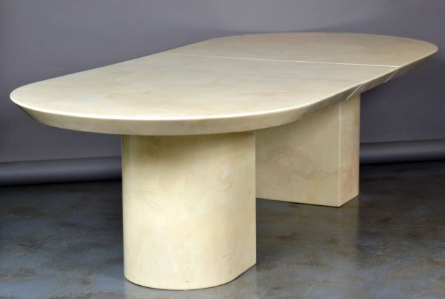 Karl Springer Lacquered Goatskin Dining Table: Rectangular top with D shaped ends. Height 29 inches, width 9 feet 4 inches, depth 48 inches.