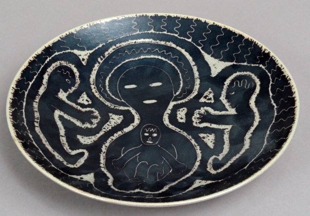 Edwin Scheier (American, 1910) Ceramic Charger: Incised ceramic charger, signed on the verso. Diameter 12 3/4 inches.