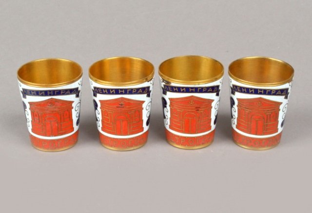 Set of Four Russian Enameled Shot Glasses: 20th century. Each, height 2 inches.