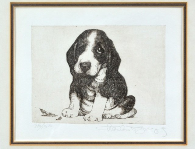 Charles Bragg (American, 1931): Untitled, Sad Puppy. Etching. Signed (l.r.), numbered 96/150 (l.l.). 4 1/4 x 5 3/4 inches.